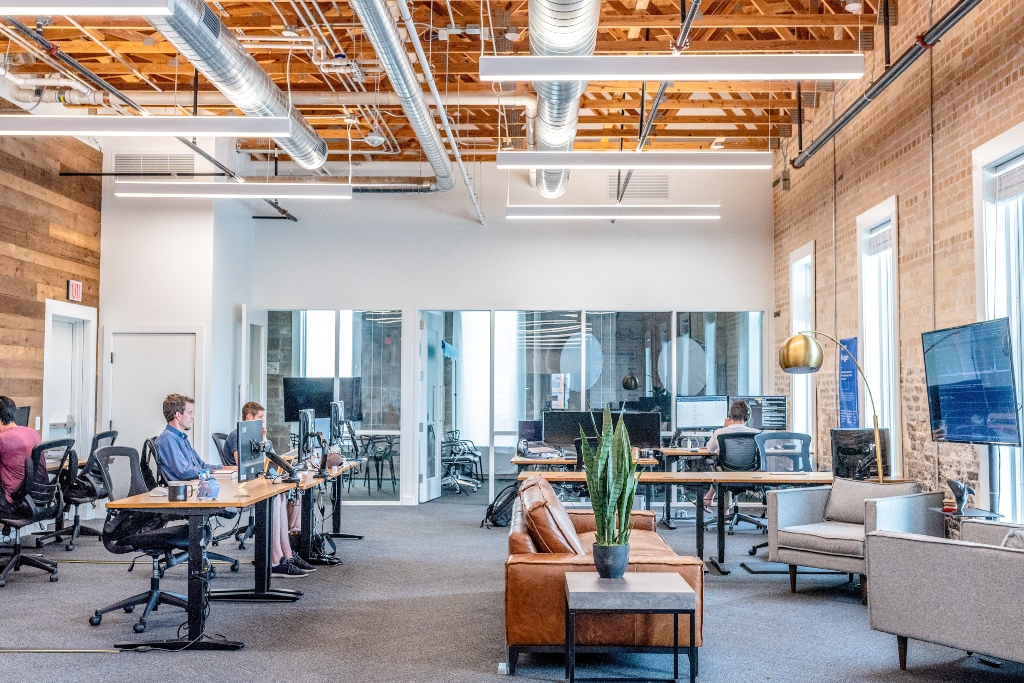 office with lots of natural light and different zoned spaces to allow flexibility in workspace